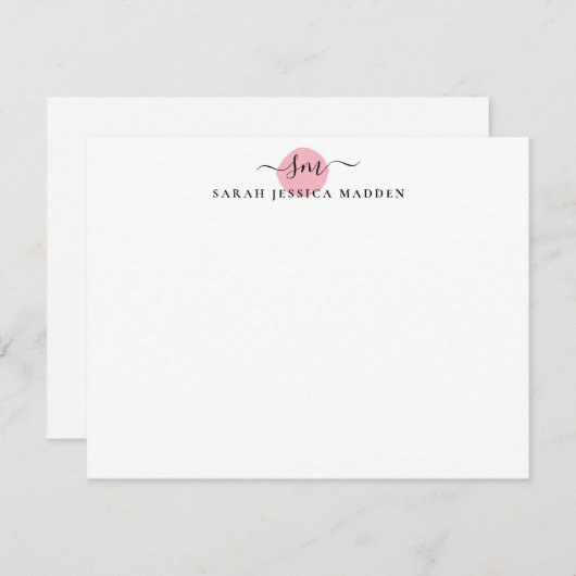 2つのエレガントモノグラムのスクリプトのスワッシュ赤面ピンクドット ノートカード (正面/裏面)