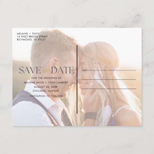 2つのエレガント写真予算結婚式の日付を保存 案内ポストカード (裏面)