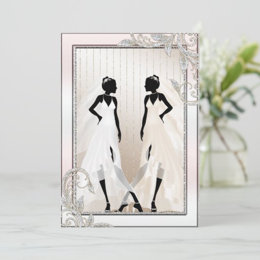 2つのエレガント花嫁を持つゲイ結婚式招待状 招待状 (スタンド正面)
