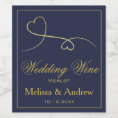 2つのエレガント金ゴールドハート |ネイビー結婚ブルーのワイン –  ワインラベル (シングルラベル)