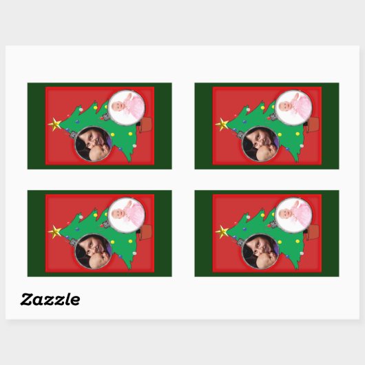2つのオーナメントの写真フレームが付いているクリスマスツリー 長方形シール (シート)
