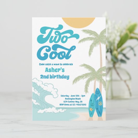2つのカッコいいレトロサーフボードビーチ2nd誕生日パーティー 招待状 (スタンド正面)