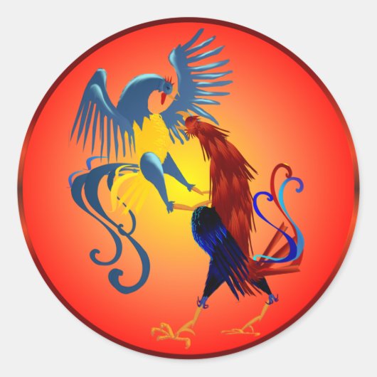 2つのカラフルな戦いのオンドリのステッカー ラウンドシール (正面)