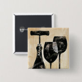 2つのガラスが付いているワイン・ボトル 缶バッジ (正面&裏面)