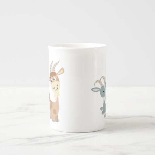 2つのキュートなハッピーカートゥーンヤギ骨中国マグ ボーンチャイナマグカップ (正面)