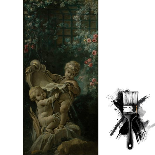 2つのキューピッドの噴水，そのうちの1つは膝をついている 薄葉紙