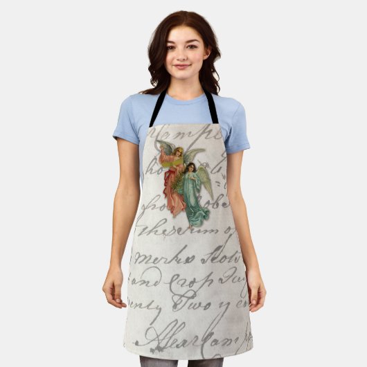 2つのクリスマスエンジェルビクトリアン – スクラップ宗教 エプロン (着用した状態)