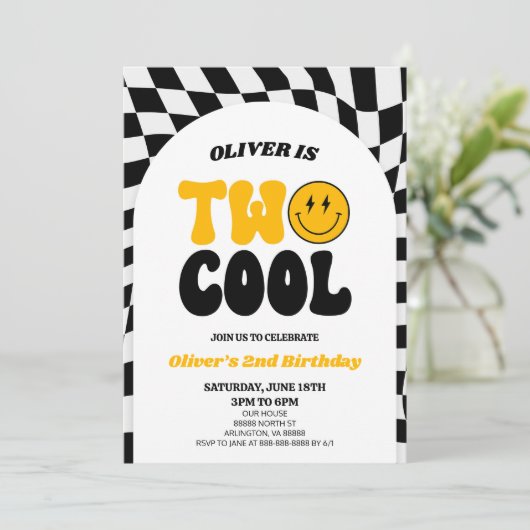 2つのクールレトロアーチ最初の2番目の誕生日パーティー 招待状 (スタンド正面)