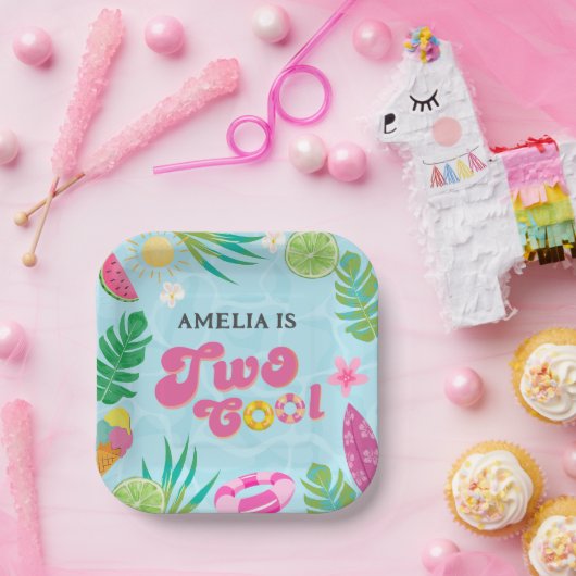 2つのクール熱帯プール夏の2nd誕生日 ペーパープレート (パーティー)