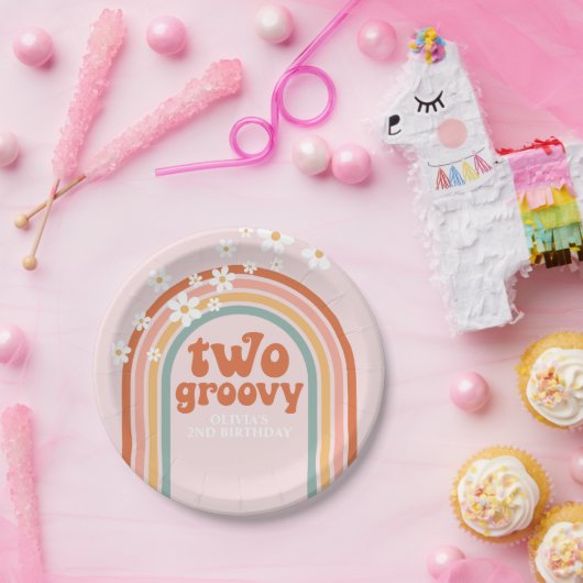 2つのグルービーデイジーボホフローラ虹2番目の誕生日 ペーパープレート (パーティー)