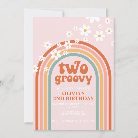 2つのグルービーデイジーボホフローラ虹2番目の誕生日 招待状 (正面)