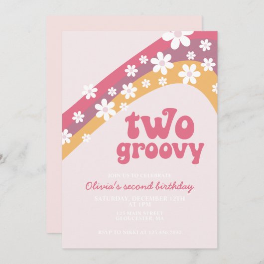 2つのグルービーデイジーボホフローラ2番目の誕生日 招待状 (正面/裏面)