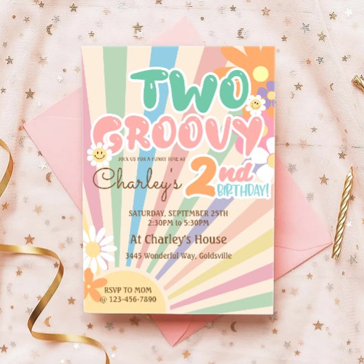 2つのグルービーレトロサンシャインデイジーボホ2nd誕生日 招待状