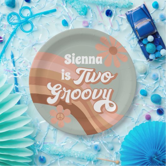 2つのグルービーレトロデイジーセージピンク2nd誕生日 ペーパープレート (パーティー)