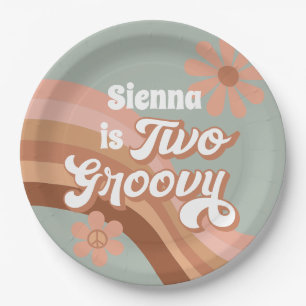 2つのグルービーレトロデイジーセージピンク2nd誕生日 ペーパープレート