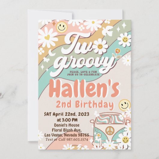 2つのグルービーレトロデイジーレインボー2nd誕生日 招待状 (正面)