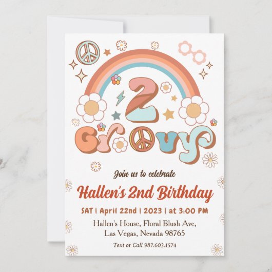 2つのグルービーレトロデイジーレインボー2nd誕生日 招待状 (正面)