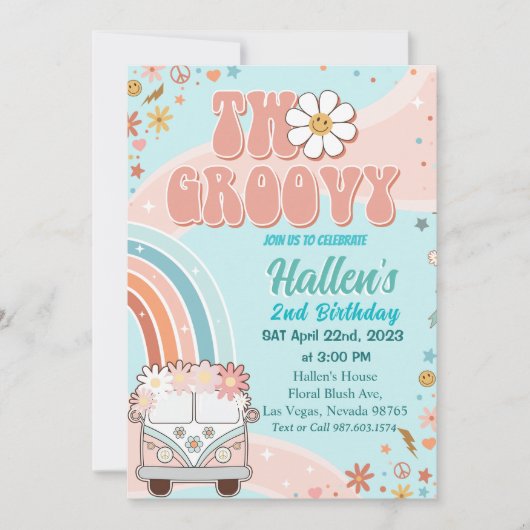 2つのグルービーレトロデイジーレインボー2nd誕生日 招待状 (正面)