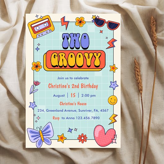 2つのグルービーレトロヒッピー2nd誕生日パーティー 招待状