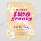 2つのグルービー2番目の誕生日イエローフラワーパワーヒッピー 招待状 (正面/裏面)