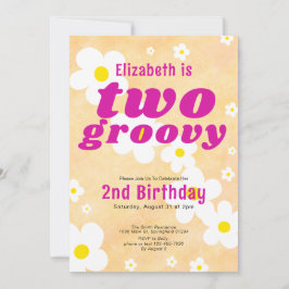 2つのグルービー2番目の誕生日イエローフラワーパワーヒッピー 招待状