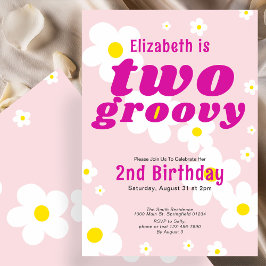 2つのグルービー2番目の誕生日ピンクの花パワーヒッピー 招待状
