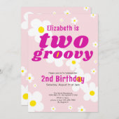 2つのグルービー2番目の誕生日ピンクの花パワーヒッピー 招待状 (正面/裏面)