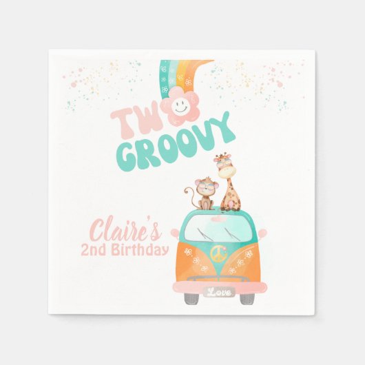 2つのグルーヴィレトロフローラレインボーデイジー誕生日 スタンダードカクテルナプキン (正面)