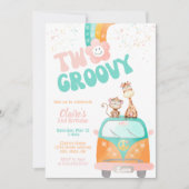 2つのグルーヴィレトロフローラレインボーデイジー誕生日 招待状 (正面)