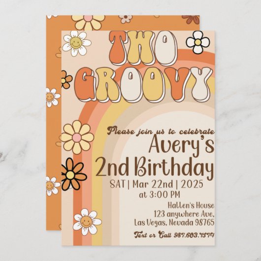 2つのグルーヴィーなレトロな誕生日招待状 招待状 (正面/裏面)