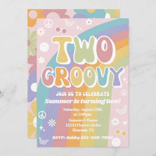 2つのグルーヴィ誕生日招待状 | Groovy誕生日 招待状 (正面/裏面)