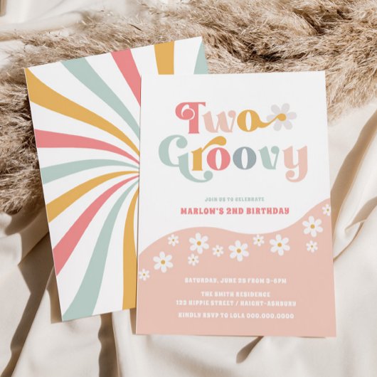 2つのグルーヴィ2ndバースデーピンク招待状 招待状