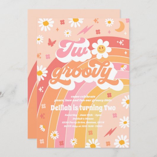 2つのグルーヴィ2ndバースデーピースラブパーティー虹 招待状 (正面/裏面)