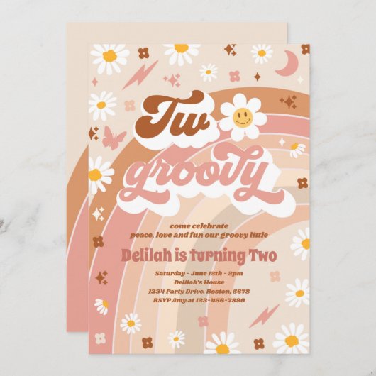 2つのグルーヴィ2ndバースデーピースラブパーティー虹 招待状 (正面/裏面)