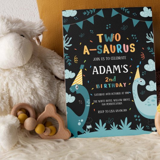 2つのサウルス2ndバースデーグリーン恐竜 招待状