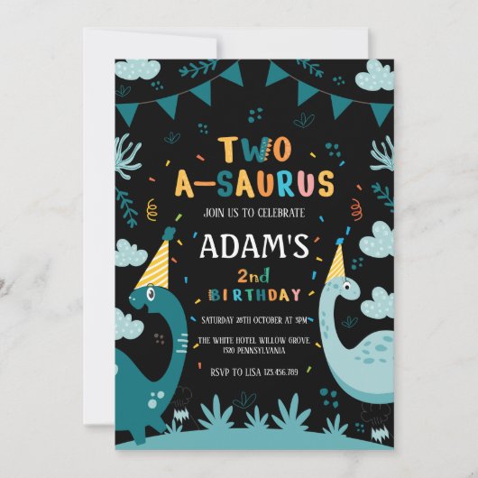2つのサウルス2ndバースデーグリーン恐竜 招待状 (正面)