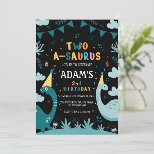 2つのサウルス2ndバースデーグリーン恐竜 招待状 (スタンド正面)