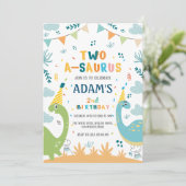 2つのサウルス2ndバースデーグリーン&ブルー恐竜 招待状 (スタンド正面)