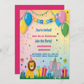 2つのサファリアニマルズ誕生日 招待状 (正面/裏面)