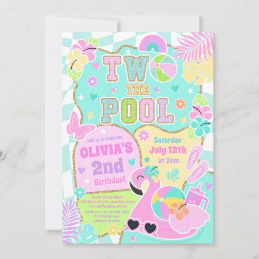 2つのザプール名門私立校風の第ガーリー2の誕生日プールパーティー 招待状 (正面)