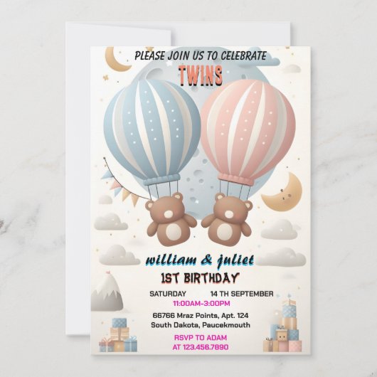2つのジョイントベアホットエアバルーンツインズ1st誕生日 招待状 (正面)