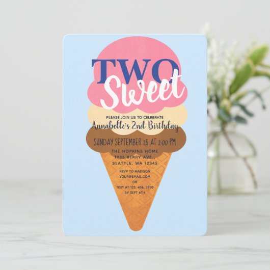 2つのスイートアイスクリームキッズセカンド誕生日 招待状 (スタンド正面)