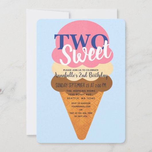 2つのスイートアイスクリームキッズセカンド誕生日 招待状 (正面)