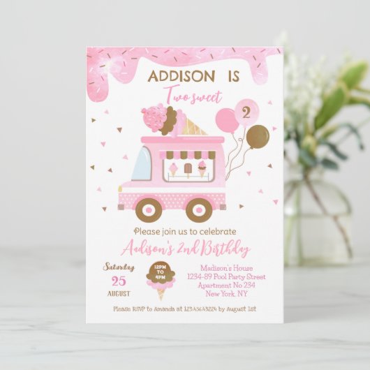 2つのスイートアイスクリームトラック2nd誕生日招待状 セーブザデート (スタンド正面)