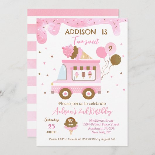 2つのスイートアイスクリームトラック2nd誕生日招待状 セーブザデート (正面/裏面)