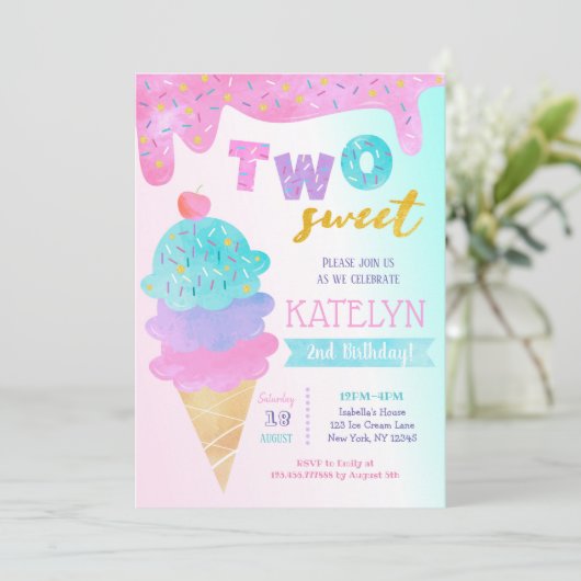 2つのスイートアイスクリーム誕生日パーティーの招待 招待状 (スタンド正面)