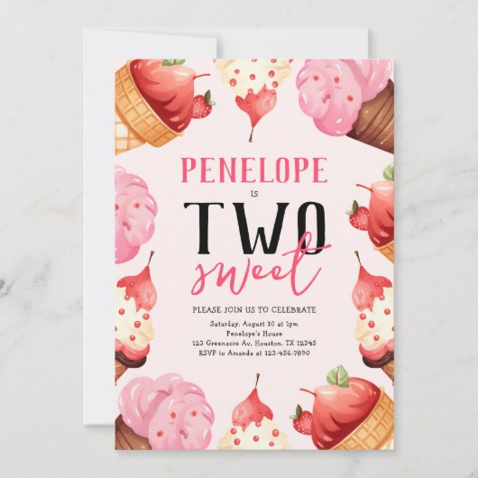 2つのスイートアイスクリーム2nd誕生日パーティー 招待状 (正面)