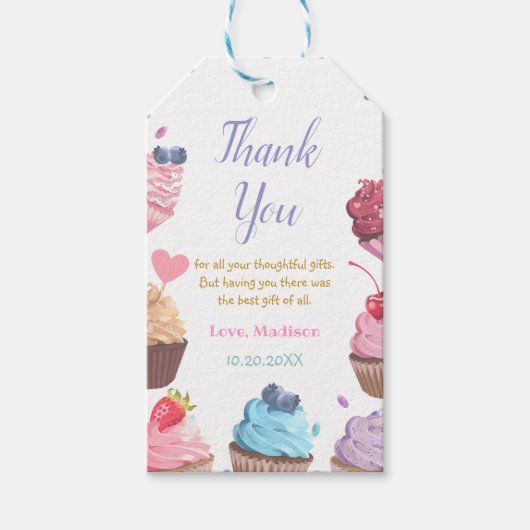 2つのスイートカップケーキ2ndバースデーキャンディパーティー ギフトタグ (正面)