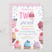 2つのスイートカップケーキ2ndバースデーキャンディパーティー 招待状 (正面/裏面)