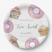 2つのスイートカップケーキ&ドーナツ女の子2nd誕生日 ペーパープレート (正面)